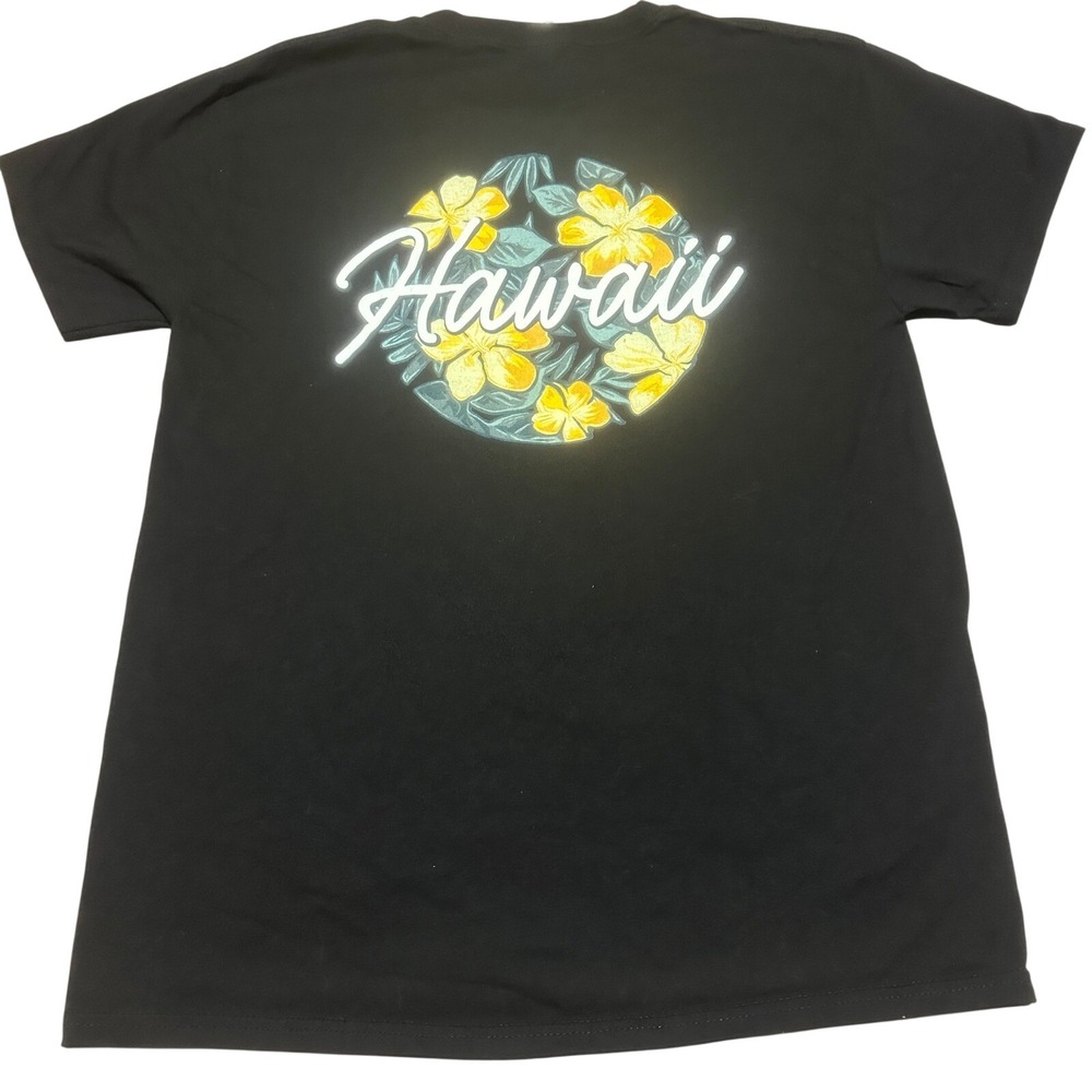 Hanes Hawaii Aloha Floral Graphic TShirt Mens Medium Black Hibiscus Souvenir Tee
